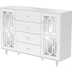Eetkamer dressoir van hout met 2 spiegeldeuren 4 witte woonkamer dressoir 147,5x40x102 cm – verstelbare planken