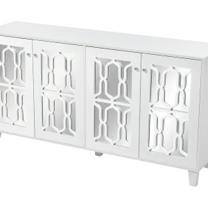 Eetkamer dressoir met 4 spiegeldeuren – kristallen handgrepen en verstelbare planken – hout – wit (160x40x84cm)