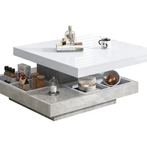 Dubbele salontafel 70x70x36 cm, 360° draaibaar blad, opbergruimte, spaanplaat, wit en marmer Dubbele salontafel 70x70x36 cm, 360° draaibaar blad, opbergruimte, spaanplaat, wit en marmer