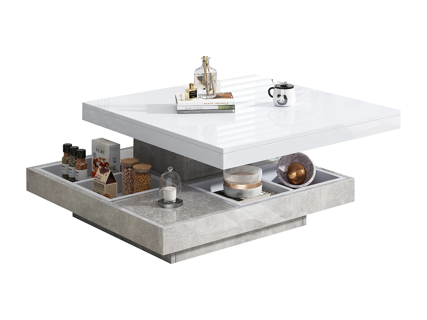 Dubbele salontafel 70x70x36 cm, 360° draaibaar blad, opbergruimte, spaanplaat, wit en marmer
