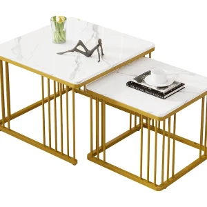 Set van 2 vierkante salontafels 60x60x45 cm en 45x45x40 cm, nestbaar, verstelbare poten, MDF, wit Set van 2 vierkante salontafels 60x60x45 cm en 45x45x40 cm, nestbaar, verstelbare poten, MDF, wit