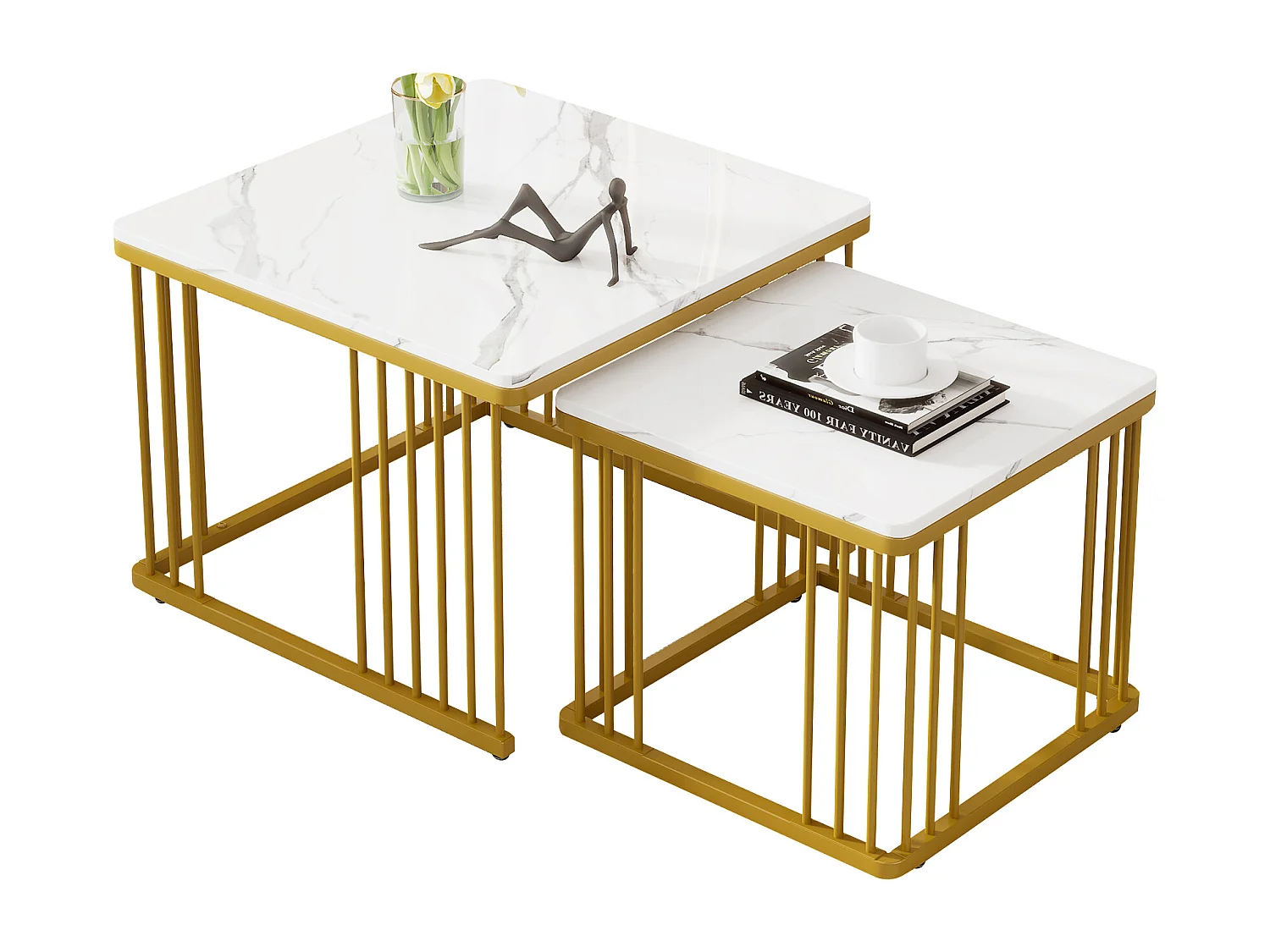 Set van 2 vierkante salontafels 60x60x45 cm en 45x45x40 cm, nestbaar, verstelbare poten, MDF, wit