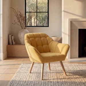 Fauteuil van mosterdgele stof met Scandinavische CASERTA Fauteuil van mosterdgele stof met Scandinavische CASERTA