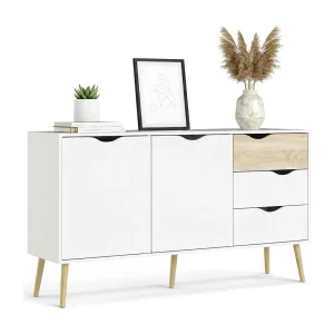 Dressoir met twee deuren en drie laden, wit en eikenhout, afmeting 147 x 81 x 39 cm
