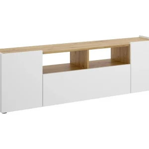 Dmora Tv-kast Etna 34,7×141,7×43,8h cm Wit, 2 Planken, 2 Vakken, 3 Deuren
