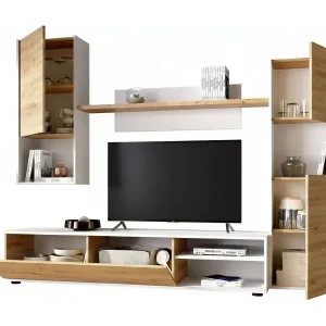 Dzuell wandsysteem, TV-meubel woonkamerset, Multifunctioneel woonkamermeubilair, 220x41h180 cm, Geknoopt eiken en wit