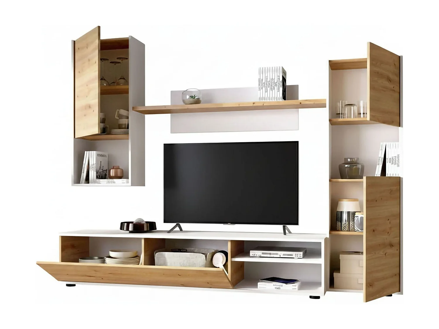 Dzuell wandsysteem, TV-meubel woonkamerset, Multifunctioneel woonkamermeubilair, 220x41h180 cm, Geknoopt eiken en wit