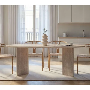 Elegant "Sabella" Houten Eettafel 200 x 90 x 75 cm – Travertijn Afwerking, Modern Design Elegant "Sabella" Houten Eettafel 200 x 90 x 75 cm – Travertijn Afwerking, Modern Design