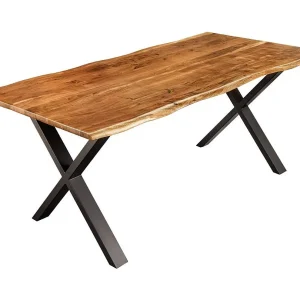 Eettafel ARKAYA 180 cm – Blad van gelakt acaciahout en kruispoten in zwart metaal – Natuurlijk industrieel ontwerp Eettafel ARKAYA 180 cm – Blad van gelakt acaciahout en kruispoten in zwart metaal – Natuurlijk industrieel ontwerp