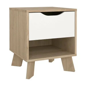 Drossitt nachtkastje, Lage ladekast, Nachtkastje, Bedplank, 40×40 h47 cm, Eiken en Wit