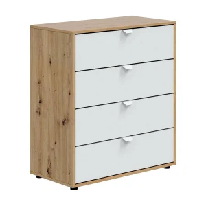 Dzigon nachtkastje, Laag dressoir, Nachtkastje, Bedplank, 78×40 h86 cm, Wit en Knot Eiken