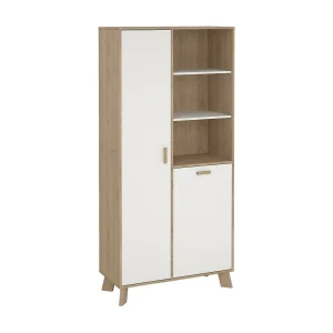 Dvarrell vitrinekast, Vitrinekast, Multifunctionele vitrinekast, Woonkamerdressoir, 89×40 h188 cm, Eiken en Wit Dvarrell vitrinekast, Vitrinekast, Multifunctionele vitrinekast, Woonkamerdressoir, 89×40 h188 cm, Eiken en Wit