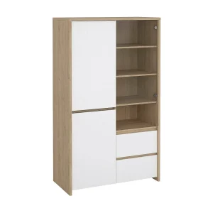 Dvecin vitrinekast, Vitrinekast, Multifunctionele vitrinekast, Woonkamerdressoir, 100×48 h170 cm, Eiken en Wit Dvecin vitrinekast, Vitrinekast, Multifunctionele vitrinekast, Woonkamerdressoir, 100×48 h170 cm, Eiken en Wit