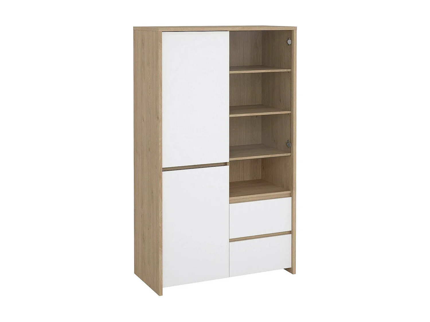 Dvecin vitrinekast, Vitrinekast, Multifunctionele vitrinekast, Woonkamerdressoir, 100x48 h170 cm, Eiken en Wit