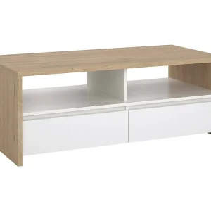 Dvandell salontafel, Lage salontafel, Tijdschriftenrek voor bank, Woonkamerplank, 120×60 h46 cm, Eiken en Wit Dvandell salontafel, Lage salontafel, Tijdschriftenrek voor bank, Woonkamerplank, 120×60 h46 cm, Eiken en Wit