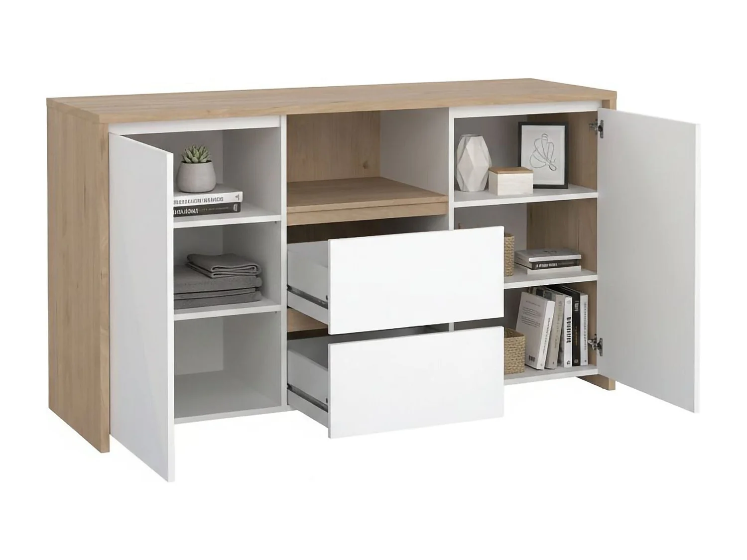 Dsalva dressoir, Woonkamerbuffet, Woonkamerdressoir, Keukenkast, 149x48 h84 cm, Eiken en Wit