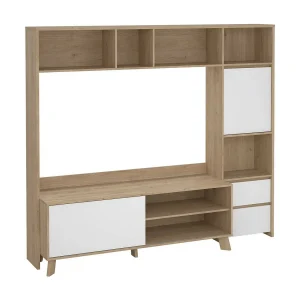 Dtolja TV-meubel, Woonkamerdressoir, Lage tv-kast, Uitgeruste muurbasis, 209×48 h183 cm, Eiken en wit Dtolja TV-meubel, Woonkamerdressoir, Lage tv-kast, Uitgeruste muurbasis, 209×48 h183 cm, Eiken en wit