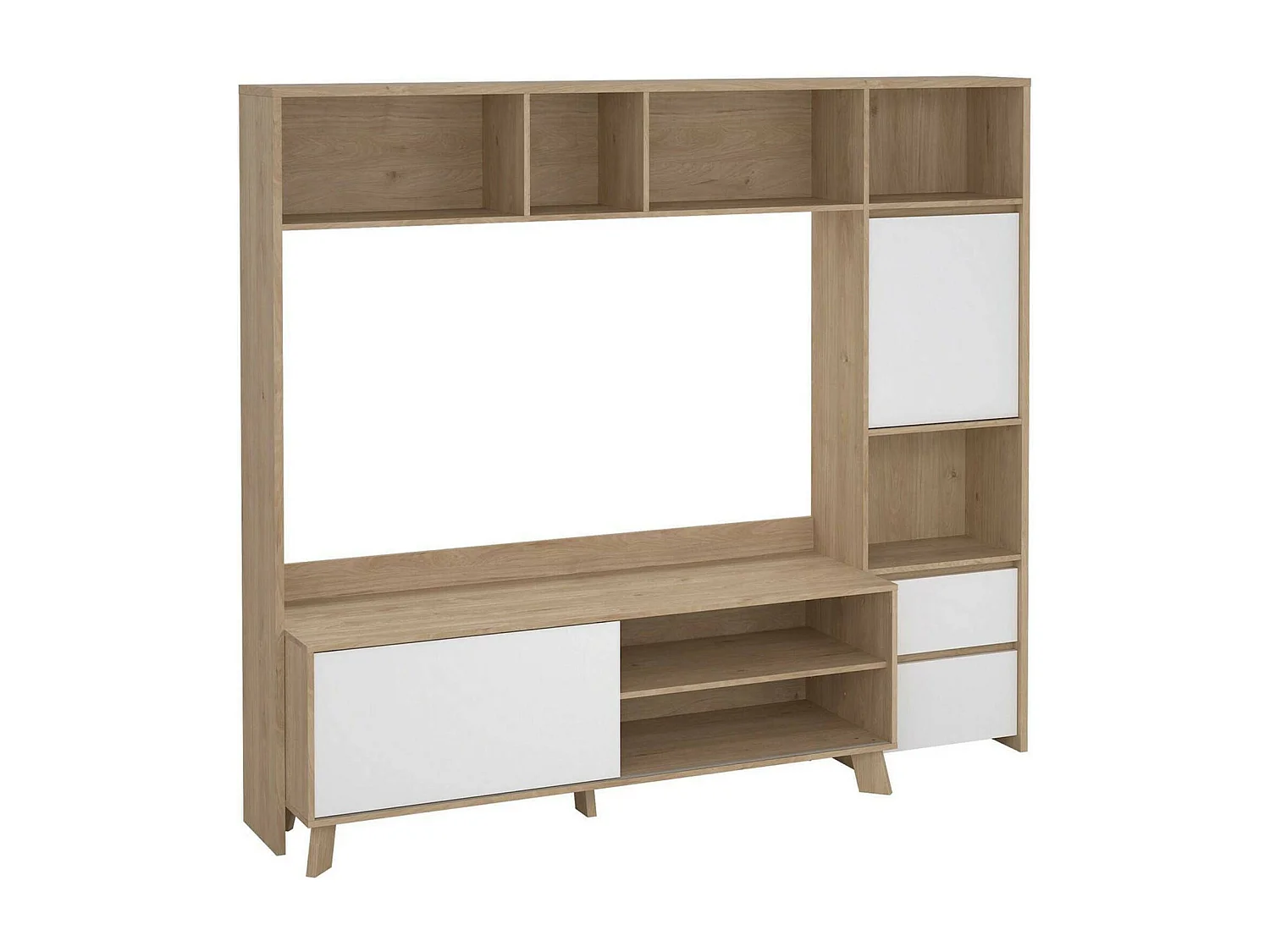 Dtolja TV-meubel, Woonkamerdressoir, Lage tv-kast, Uitgeruste muurbasis, 209x48 h183 cm, Eiken en wit