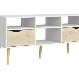 Dtesse TV-meubel, Woonkamerdressoir, Lage tv-kast, Voorzien van wandbasis, 117×39 h57 cm, Wit en Eiken Dtesse TV-meubel, Woonkamerdressoir, Lage tv-kast, Voorzien van wandbasis, 117×39 h57 cm, Wit en Eiken