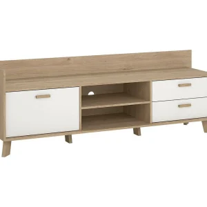 Dtestin TV-meubel, Woonkamerdressoir, Lage tv-kast, Voorzien van wandbasis, 182×51 h62 cm, Eiken en Wit Dtestin TV-meubel, Woonkamerdressoir, Lage tv-kast, Voorzien van wandbasis, 182×51 h62 cm, Eiken en Wit