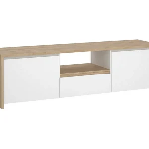Dtessior TV-meubel, Woonkamerdressoir, Lage tv-kast, Voorzien van wandbasis, 179×48 h52 cm, Eiken en Wit Dtessior TV-meubel, Woonkamerdressoir, Lage tv-kast, Voorzien van wandbasis, 179×48 h52 cm, Eiken en Wit