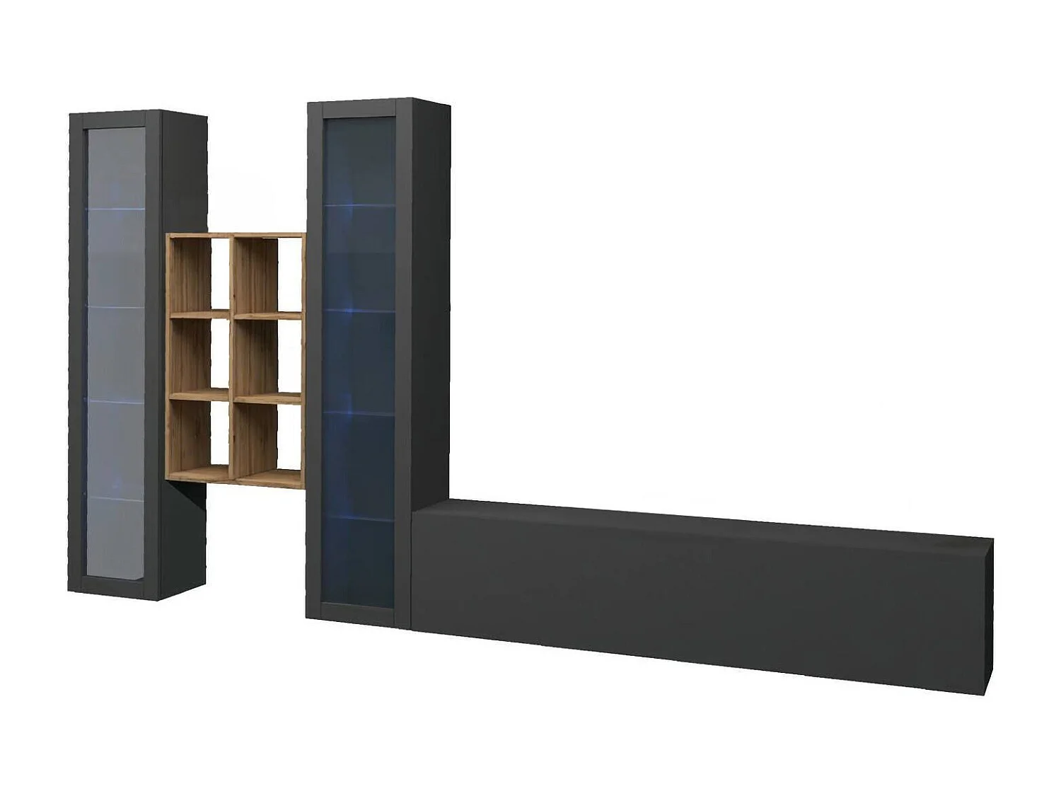 Dmora Wandmeubel Eros 30x320x180h cm Zwart Antraciet 15 planken Klapdeuren en kleppen, 3 deuren Made in Italy