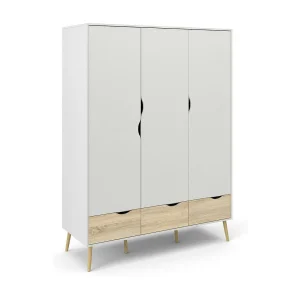 Dselv 3-deurskast, Slaapkamermeubel, Inloopkast, Kledingkast, 147×58 h200 cm, Wit en Eiken Dselv 3-deurskast, Slaapkamermeubel, Inloopkast, Kledingkast, 147×58 h200 cm, Wit en Eiken