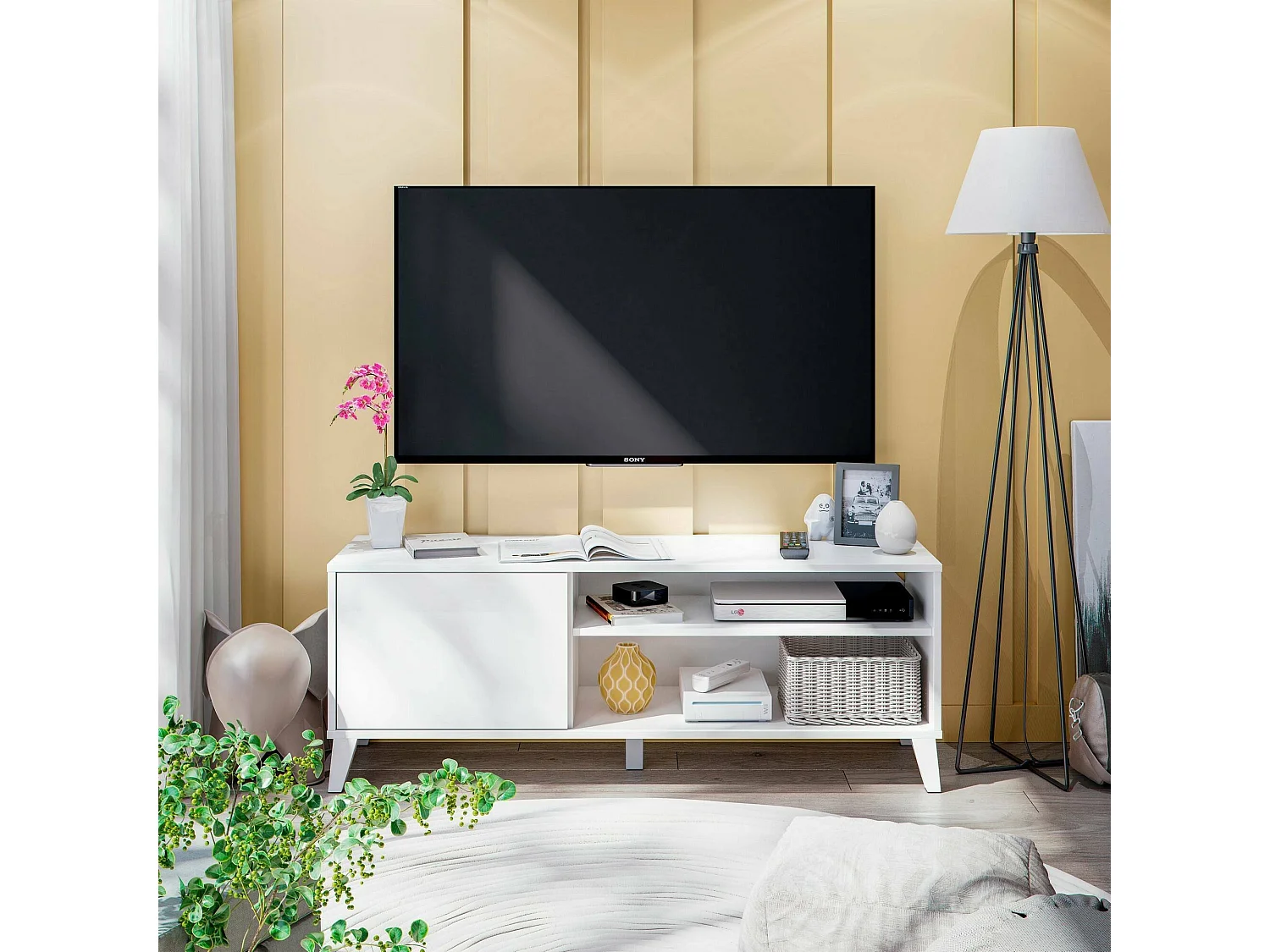 Dzibett TV-meubel, Woonkamerdressoir, Lage tv-kast, Voorzien van wandbasis, 135x40 h50 cm, Wit