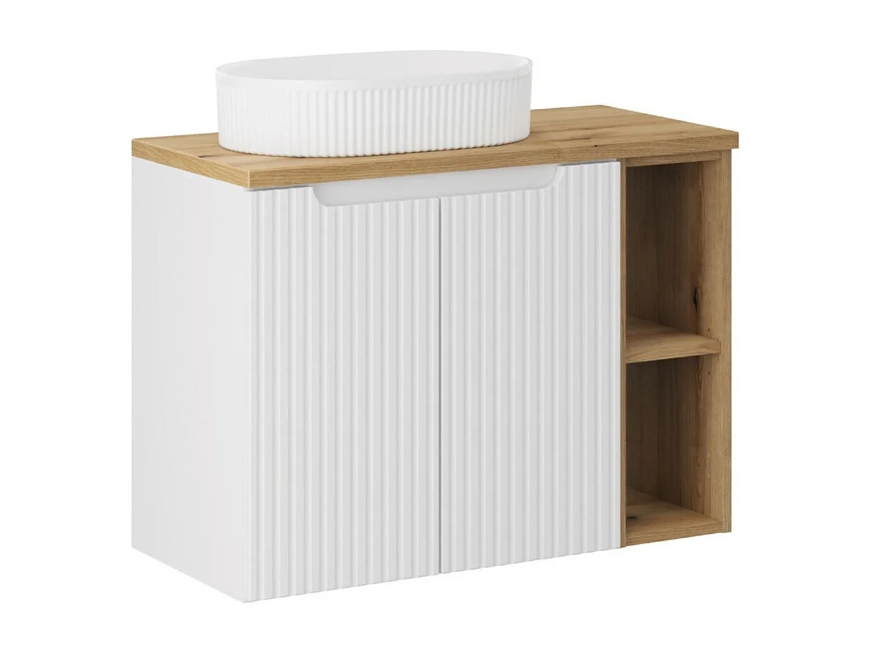 Ensemble VANO wit 80cm: onderkastmeubels met kasten en zichtbare nissen + blad voor wastafel + geribbelde opzetwastafel