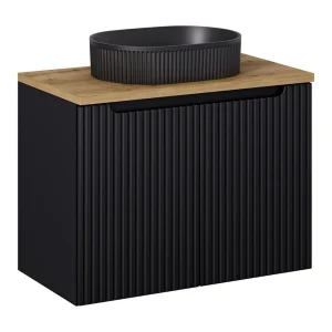 Ensemble VANO 80cm : meubel onder wastafel met kastjes + blad voor wastafel in licht eikenlook + opzetwastafel met groeven in mat zwart