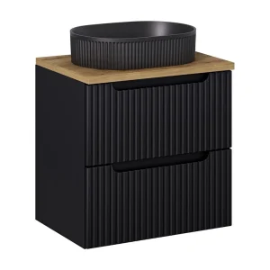 Ensemble VANO 60cm : meuble sous vasque à tiroirs + plan pour vasque aspect chêne + vasque à poser noir mat rainurée