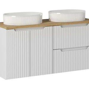 Ensemble VANO wit 120cm: onderkastmeubels met laden en kasten + blad voor wastafel + twee gegroefde opzetwastafels Ensemble VANO wit 120cm: onderkastmeubels met laden en kasten + blad voor wastafel + twee gegroefde opzetwastafels