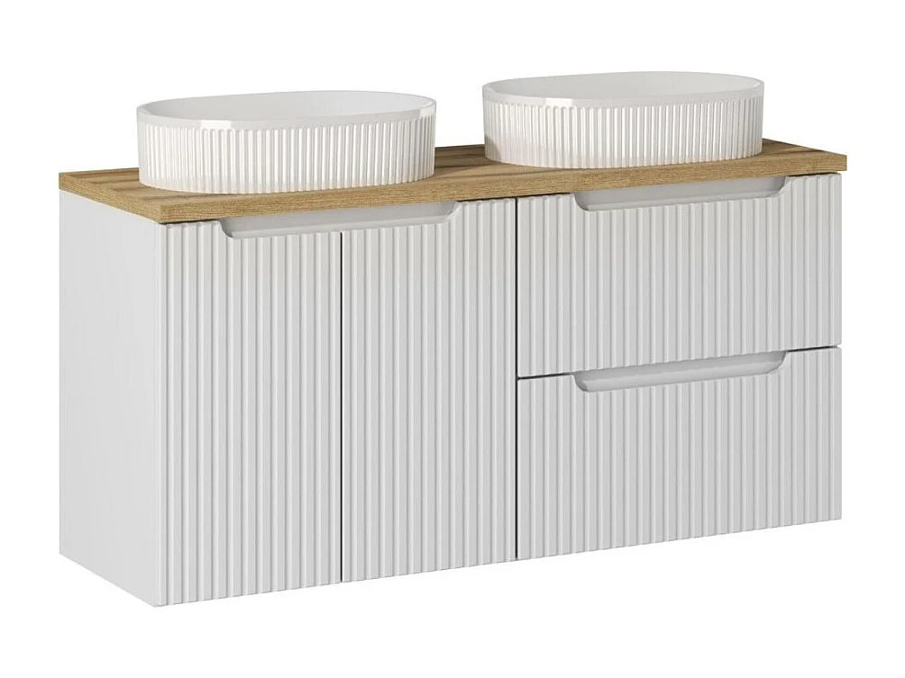 Ensemble VANO wit 120cm: onderkastmeubels met laden en kasten + blad voor wastafel + twee gegroefde opzetwastafels