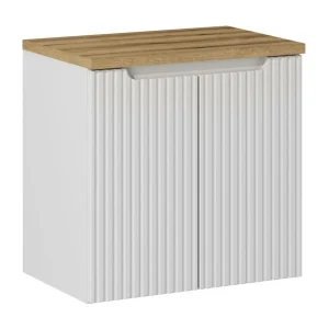 Ensemble de salle de bain suspendu VANO blanc 60cm : meuble sous vasque à placards + plan pour vasque aspect chêne clair Ensemble de salle de bain suspendu VANO blanc 60cm : meuble sous vasque à placards + plan pour vasque aspect chêne clair