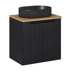 Ensemble VANO 60cm: onderkast met kastdeuren + eikenlook blad voor wastafel + matzwarte opbouwwastafel met groeven