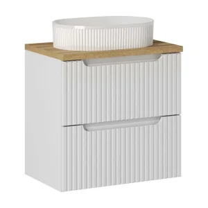 Ensemble VANO wit 60cm: onderkast met lades + werkblad met lichteiken look + geribbelde opbouwwastafel in wit Ensemble VANO wit 60cm: onderkast met lades + werkblad met lichteiken look + geribbelde opbouwwastafel in wit