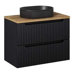 Ensemble VANO 80cm: onderkast met lades + blad voor opzetwasbak in licht eikenlook + opzetwasbak met geribbelde matzwarte afwerking