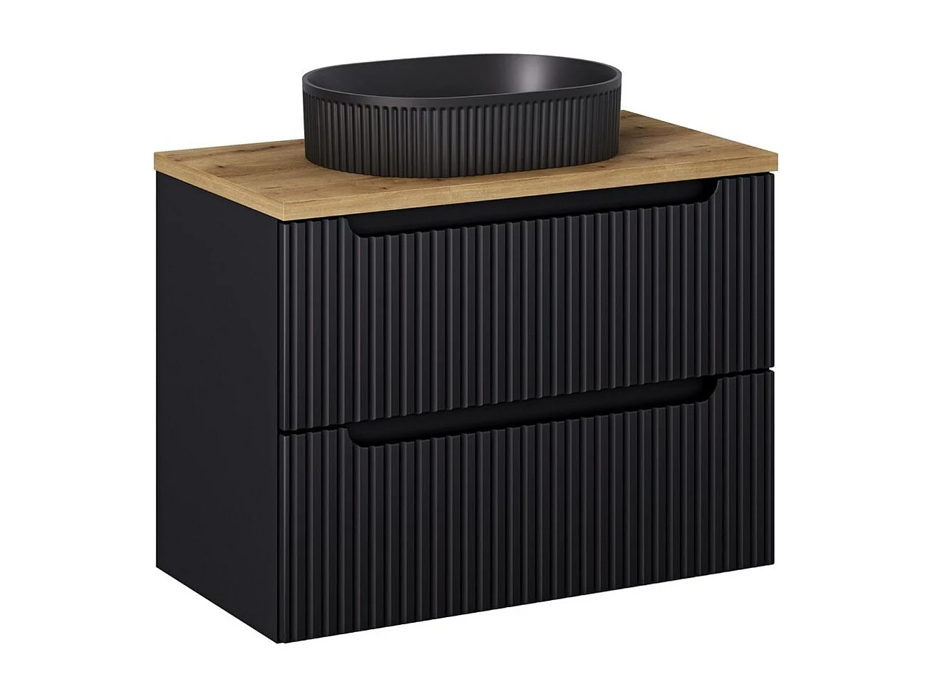 Ensemble VANO 80cm: onderkast met lades + blad voor opzetwasbak in licht eikenlook + opzetwasbak met geribbelde matzwarte afwerking