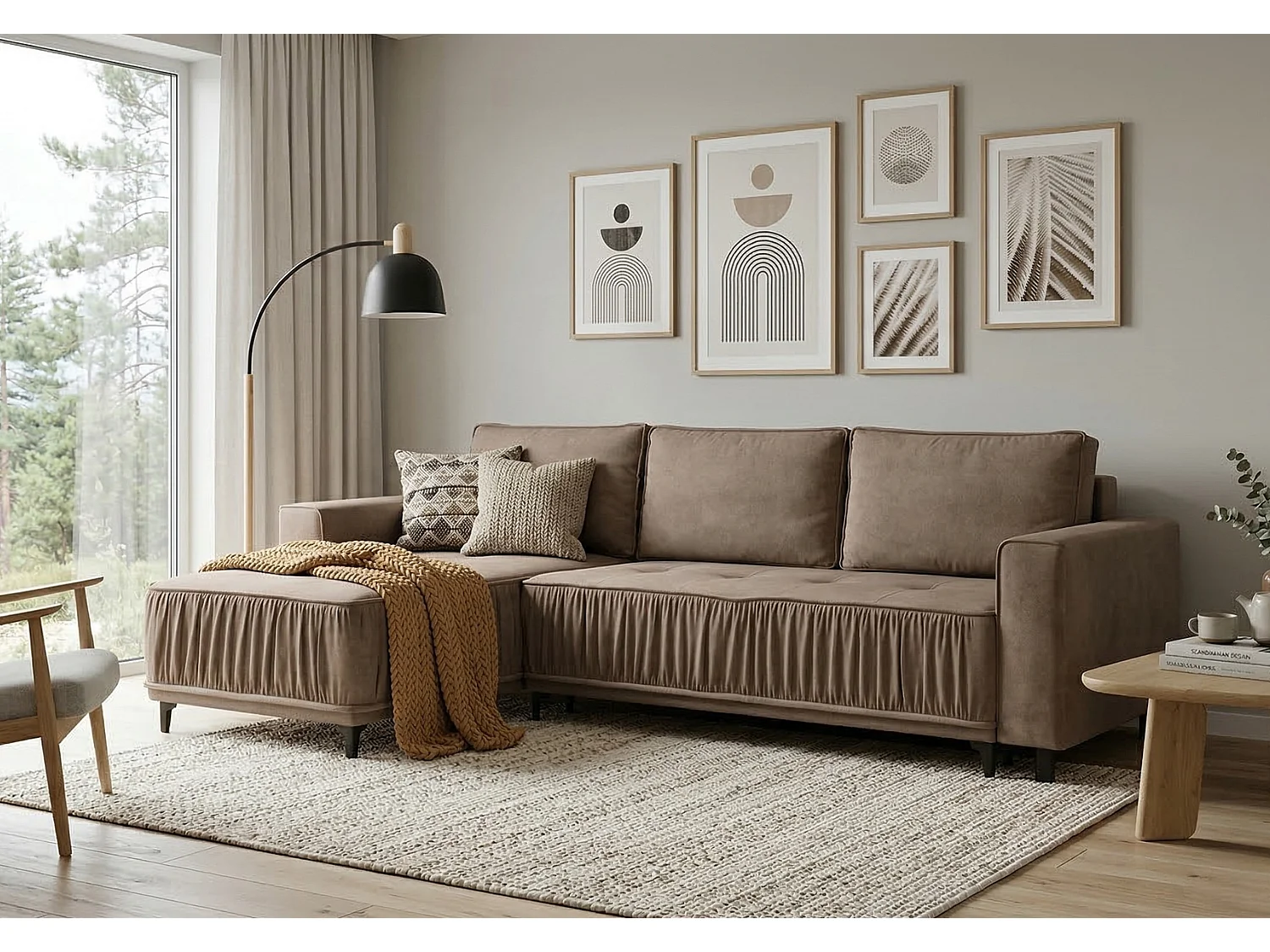 Elegante linker hoekbank met slaapfunctie VIKI 238x143cm, in bruine stof MONOLITH 15