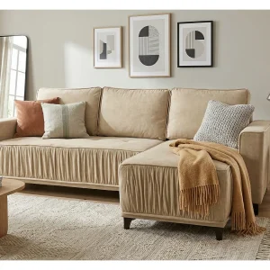 Elegante hoekbank rechts met slaapfunctie VIKI 238×143 cm, in crèmekleurige stof MONOLITH 4 Elegante hoekbank rechts met slaapfunctie VIKI 238×143 cm, in crèmekleurige stof MONOLITH 4