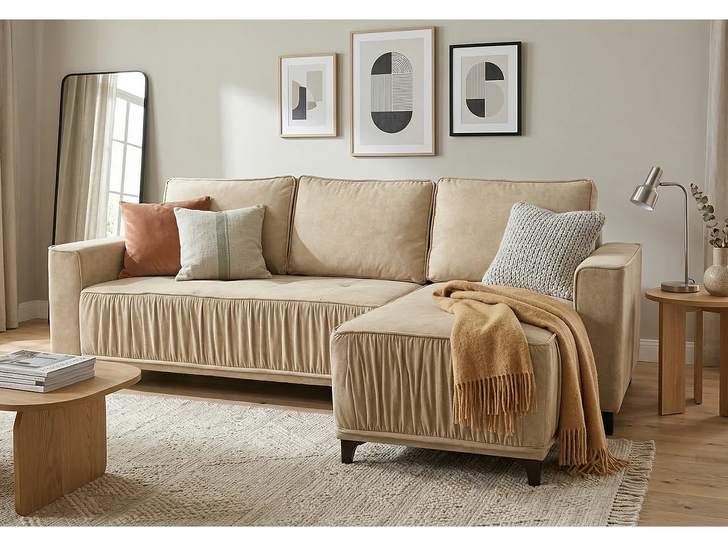 Elegante hoekbank rechts met slaapfunctie VIKI 238x143 cm, in crèmekleurige stof MONOLITH 4