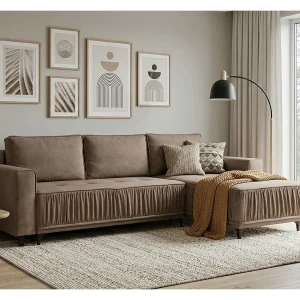 Elegante rechtse hoekbank met slaapfunctie VIKI 238×143 cm, in bruine stof MONOLITH 15 Elegante rechtse hoekbank met slaapfunctie VIKI 238×143 cm, in bruine stof MONOLITH 15