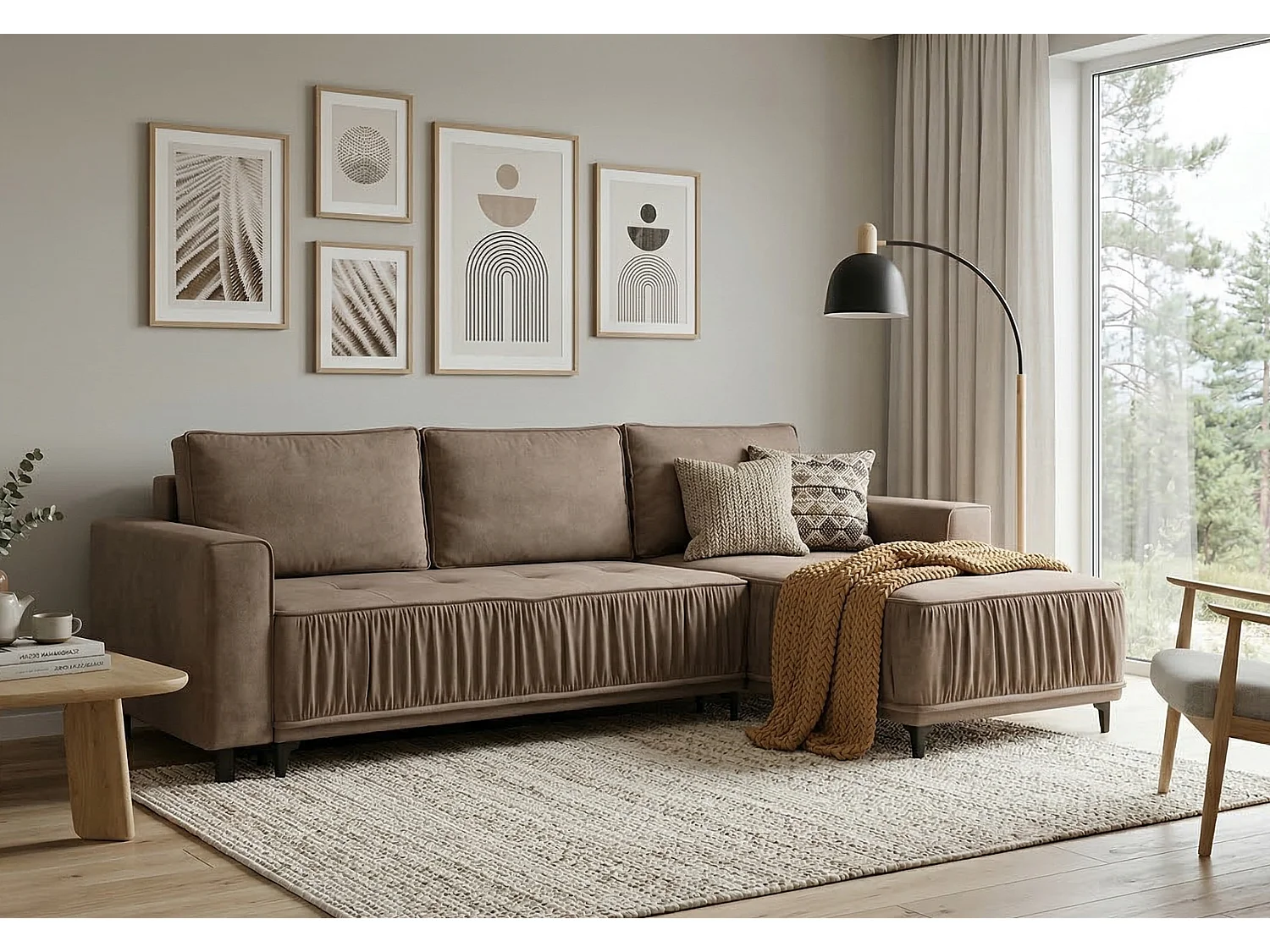 Elegante rechtse hoekbank met slaapfunctie VIKI 238x143 cm, in bruine stof MONOLITH 15