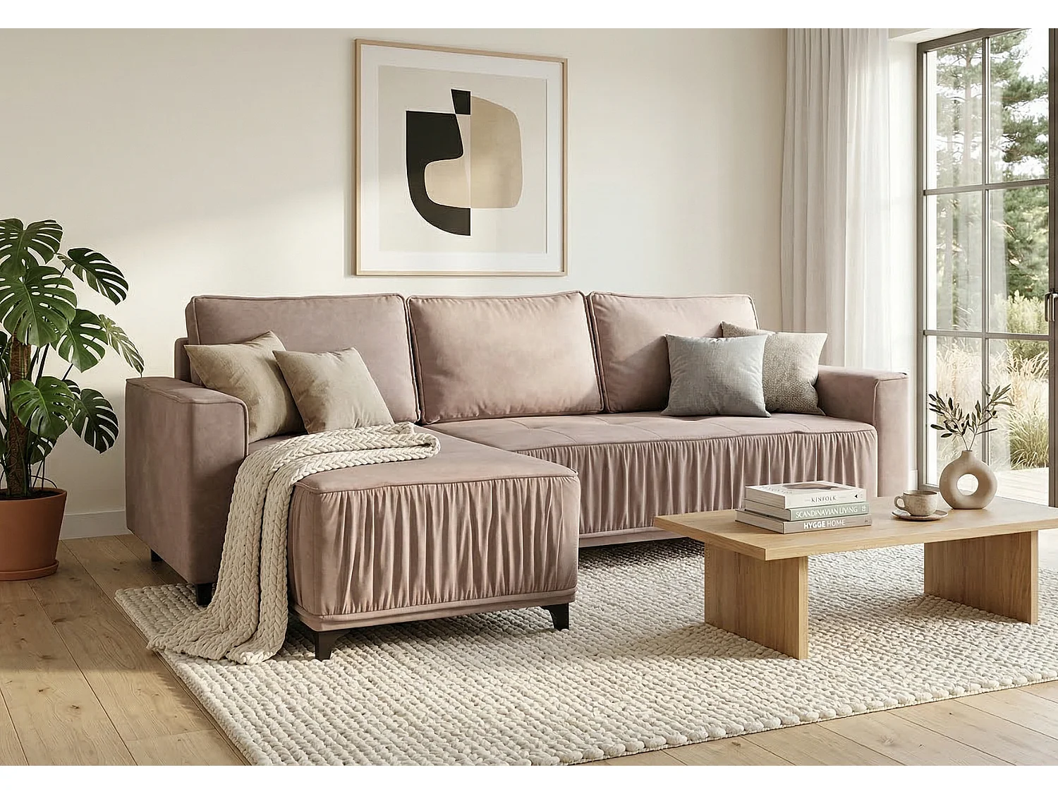 Elegante linker hoekbank met slaapfunctie VIKI 238x143cm, in stof MONOLITH 62 paars