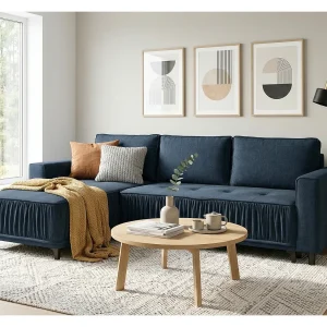 Elegante linkse hoekbank met slaapfunctie VIKI 238×143 cm, in blauwe stof MONOLITH 76 Elegante linkse hoekbank met slaapfunctie VIKI 238×143 cm, in blauwe stof MONOLITH 76