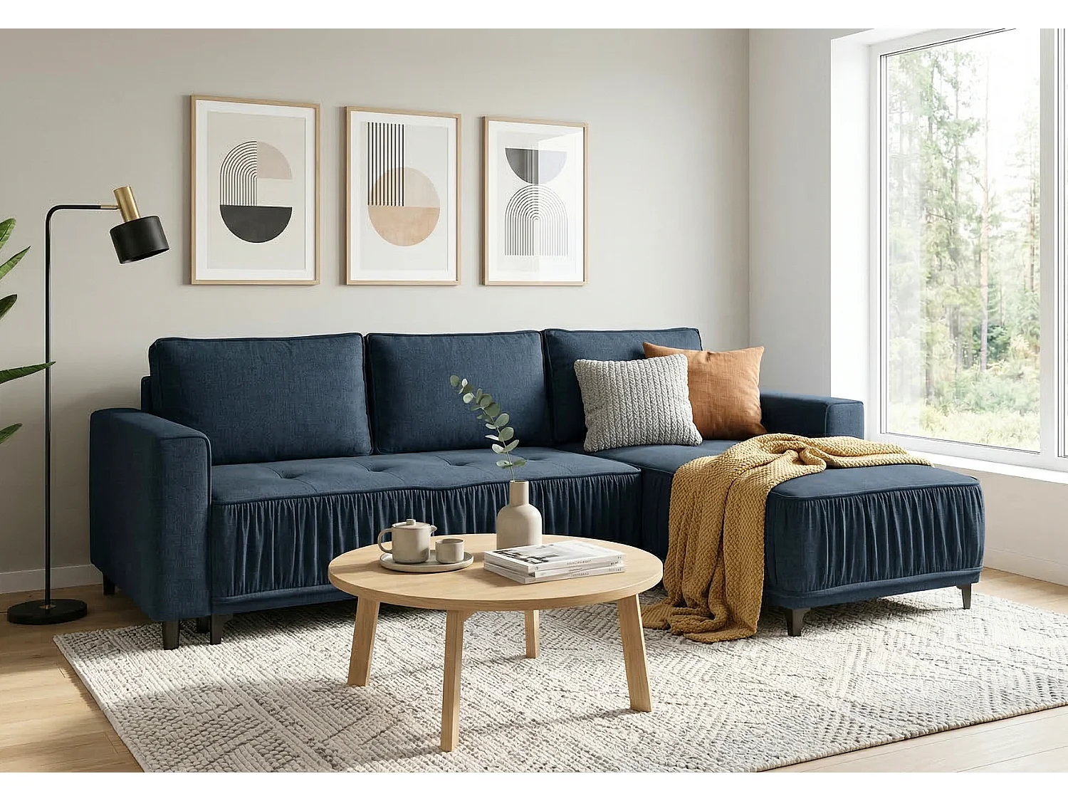 Elegante hoekbank rechts met slaapfunctie VIKI 238x143cm, in blauwe stof MONOLITH 76