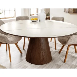 Eettafel LUMEA – Rond 120 cm – Tafelblad van keramiek met wit marmer effect – Massief houten poot – Hedendaagse stijl