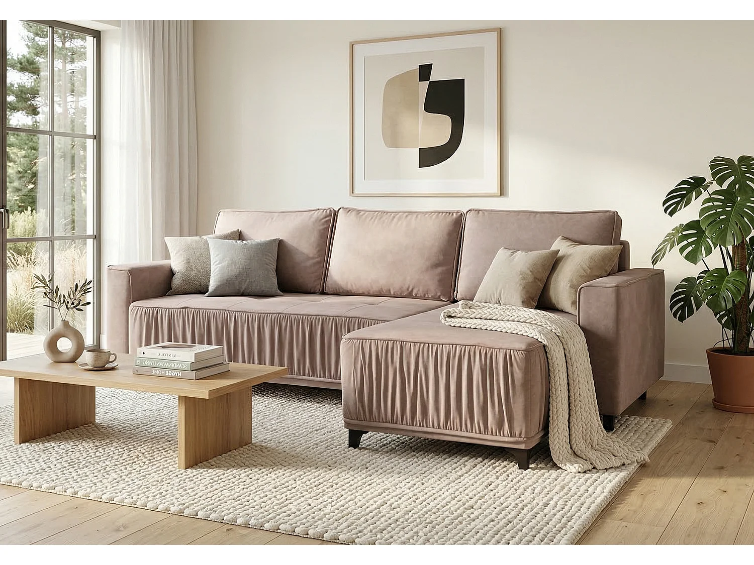 Elegante hoekbank rechts met slaapfunctie VIKI 238x143cm, in stof MONOLITH 62 paars