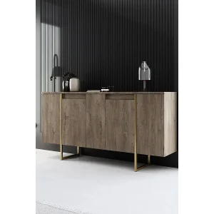 Dressoir – 160 x 35 x 80 cm – Walnoot en goud – Melamine gecoat spaanplaat