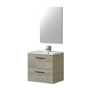 Dmora Fontein Onderkast 57x60x45h cm Bruin Eiken Spiegel Inclusief 2 Laden, Soft Close
